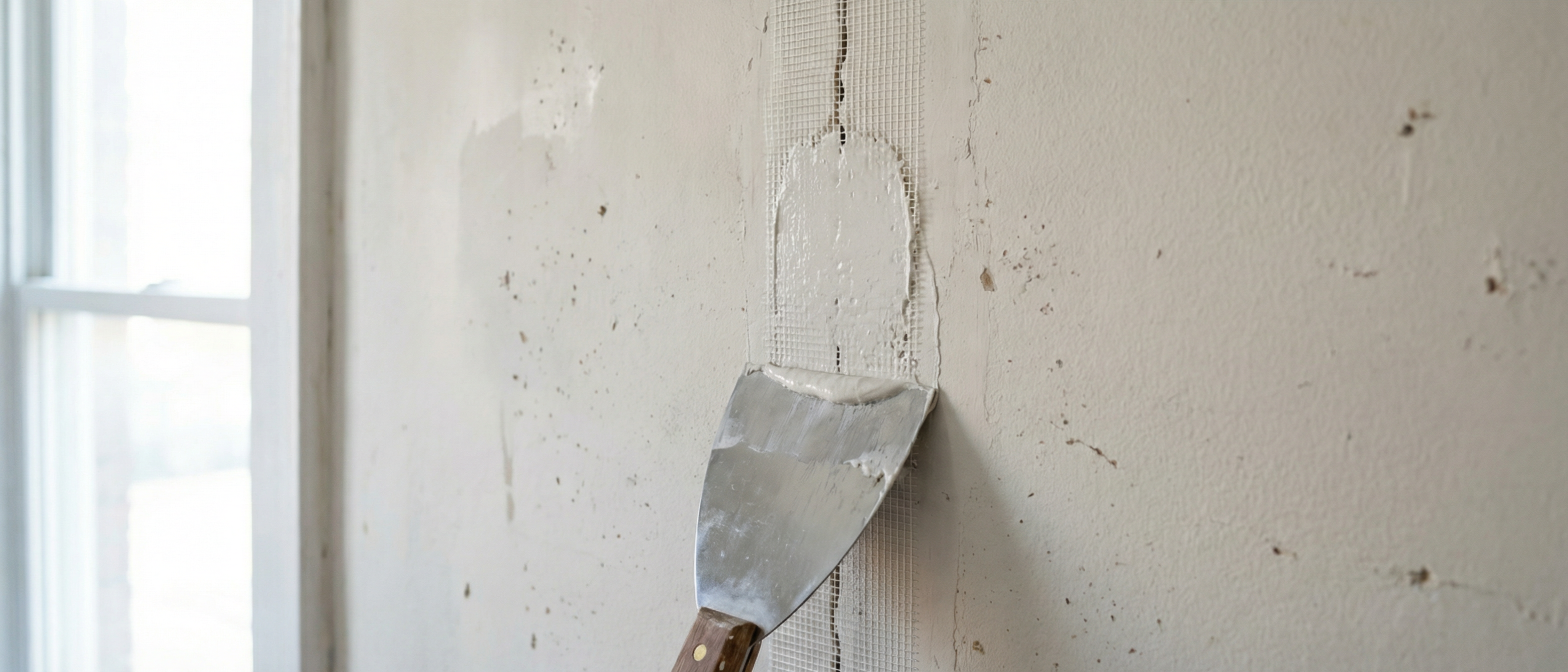 Professional patching drywall with compound and mesh tape — isolated crack repair in Washington DC home Professional patching drywall with compound and mesh tape — isolated crack repair in Washington DC