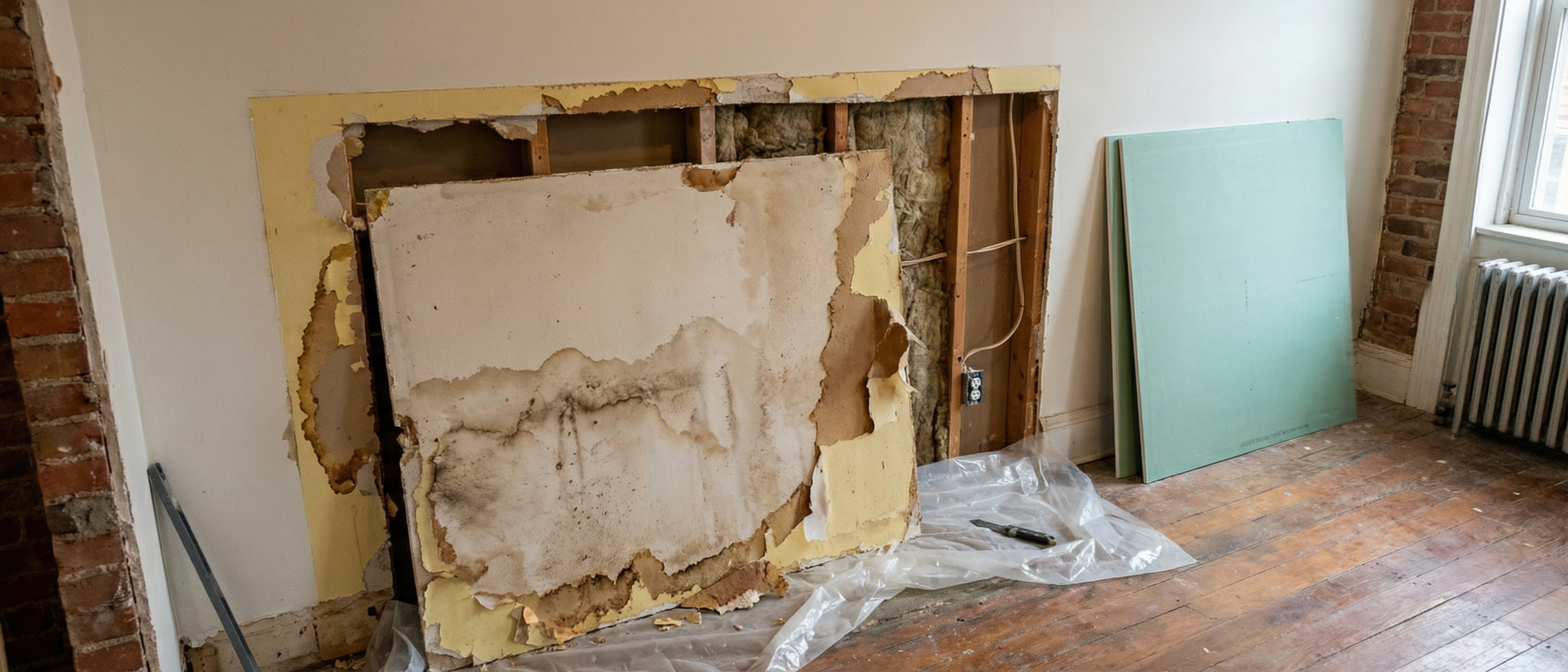Removing water-damaged drywall section in Washington DC home — replacement scenario Removing water-damaged drywall section in Washington DC home — replacement scenario