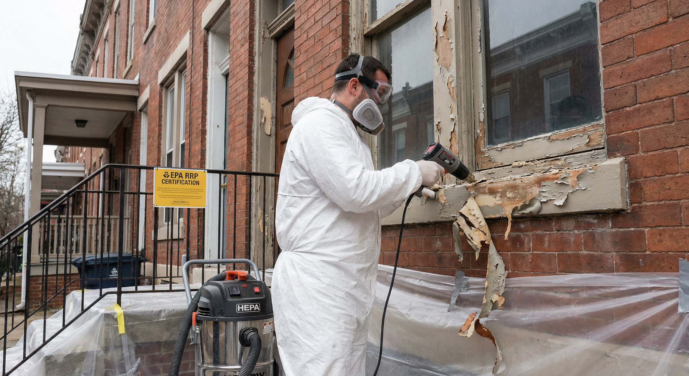 Lead paint removal during exterior painting in Washington DC — EPA RRP containment on a Capitol Hill row house by HomePro DMV Painters Lead paint removal during exterior painting in Washington DC — EPA RRP containment on a Capitol