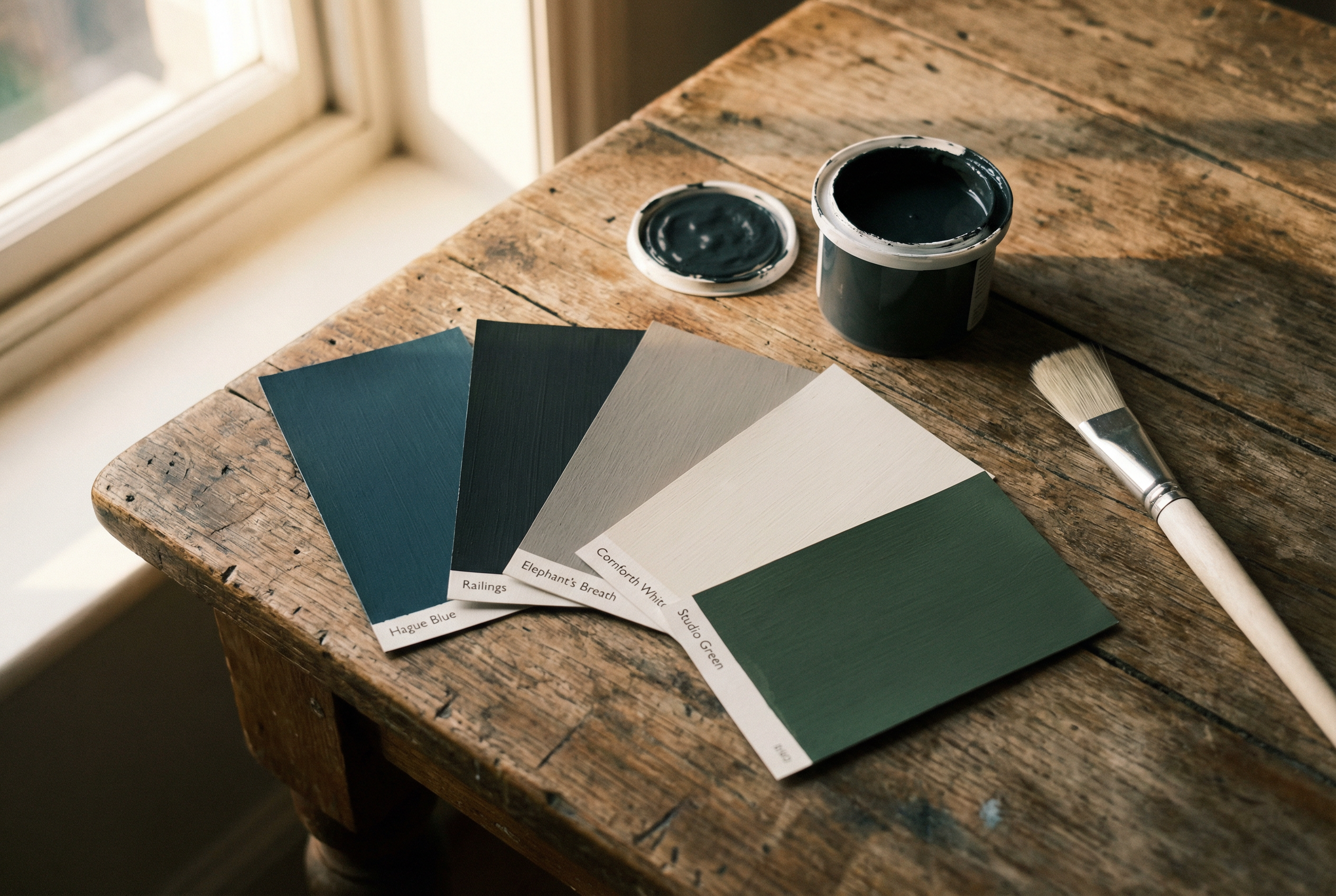 Farrow and Ball FAQ — paint samples showing Hague Blue Railings and Elephants Breath by HomePro DMV Painters Farrow and Ball FAQ — paint samples showing Hague Blue Railings and Elephants Breath by HomePro DMV