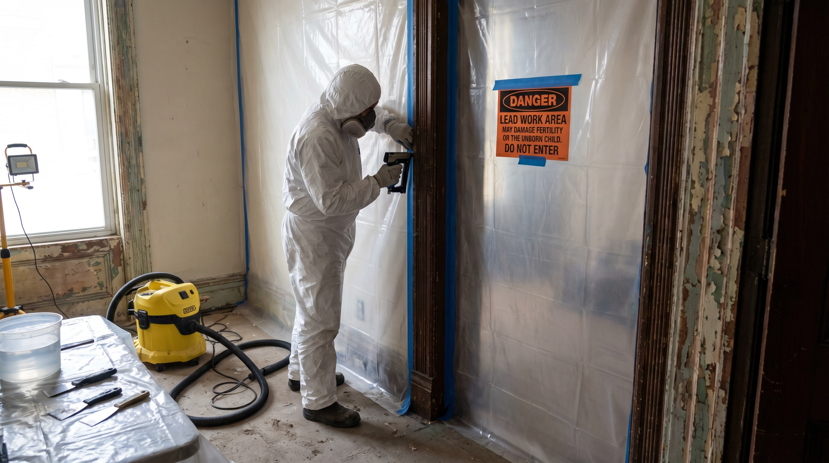 EPA RRP certified lead-safe containment setup in DC row house