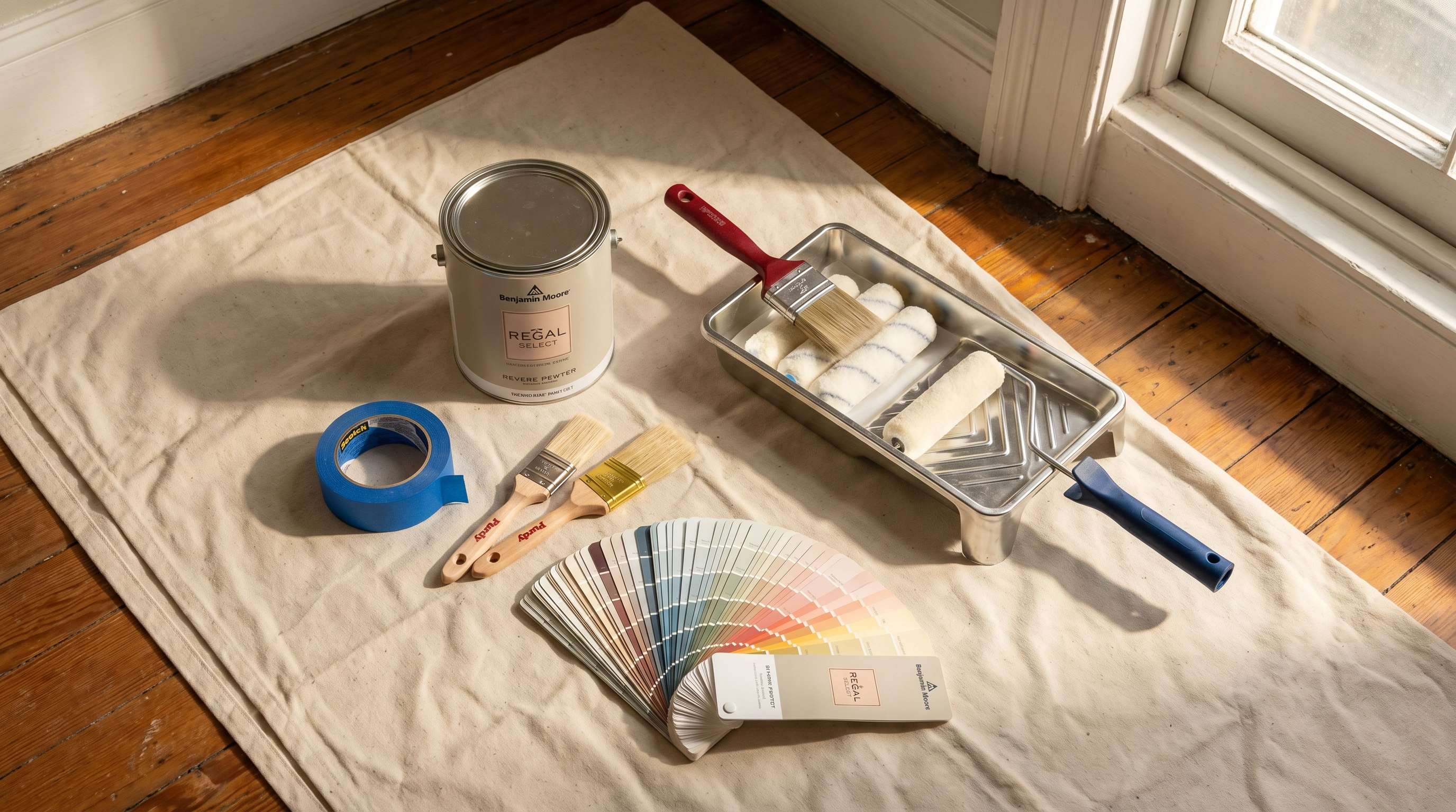 Professional painting tools and premium paint on drop cloth in DC row house