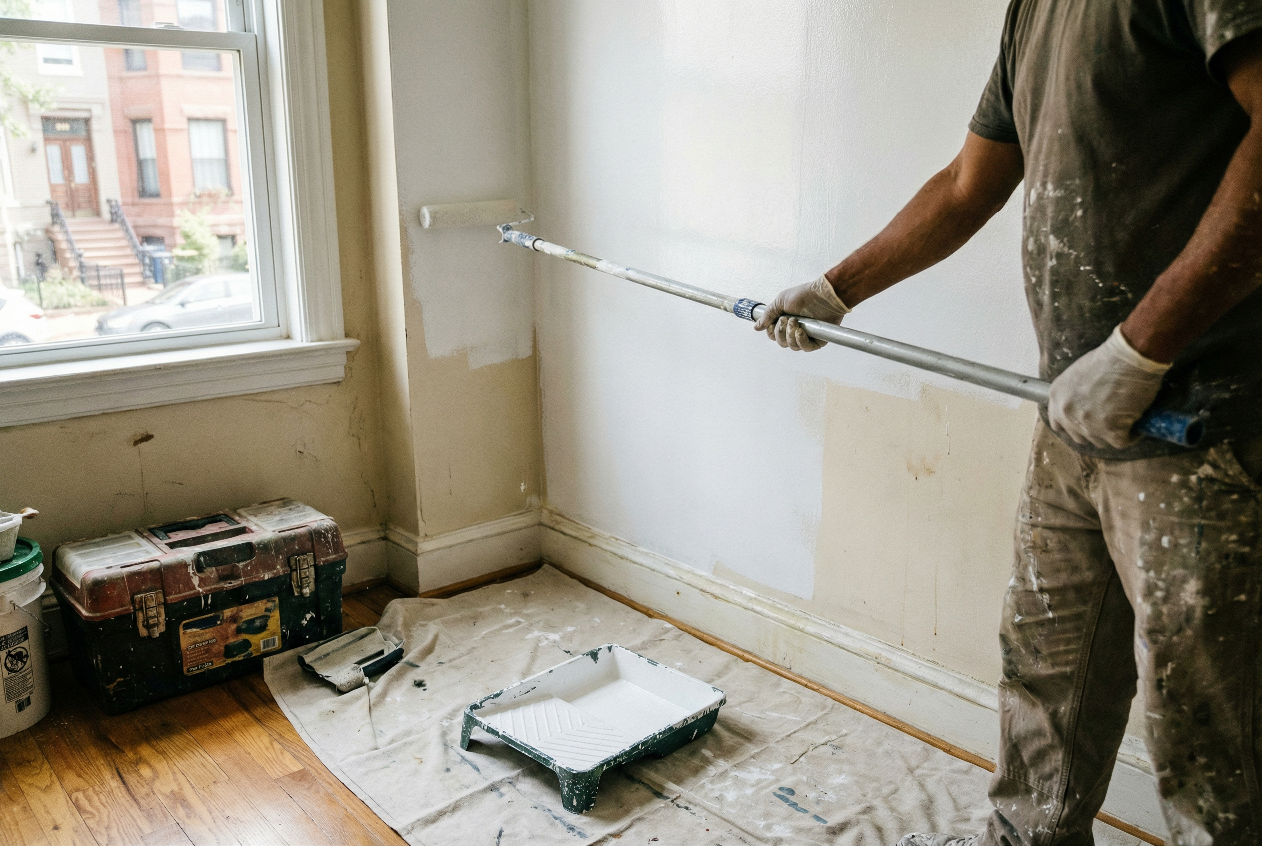 Professional painter rolling walls in Washington DC home showing 5 phases of interior painting by