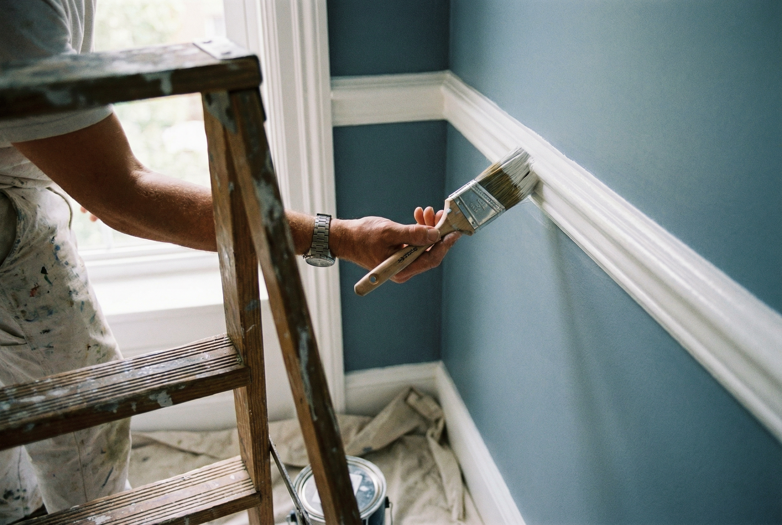 Professional painter painting trim crown molding in Washington DC home showing 8 factors affecting