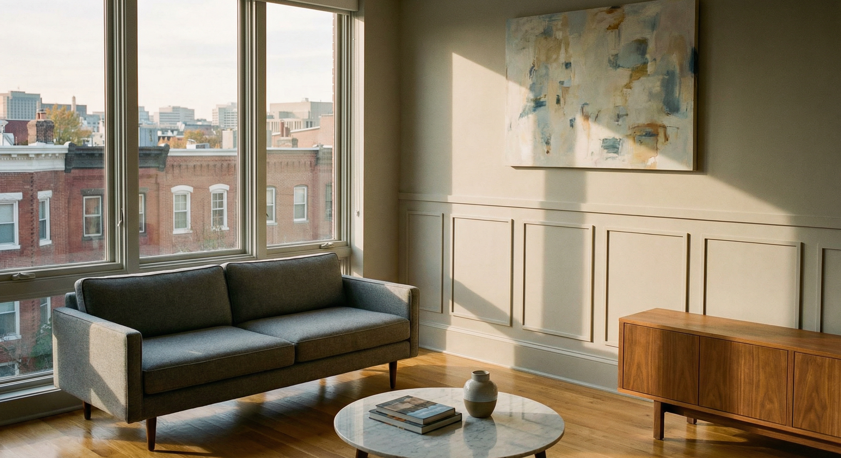 Modern DC condo living room with board and batten accent wall — the most affordable way to add