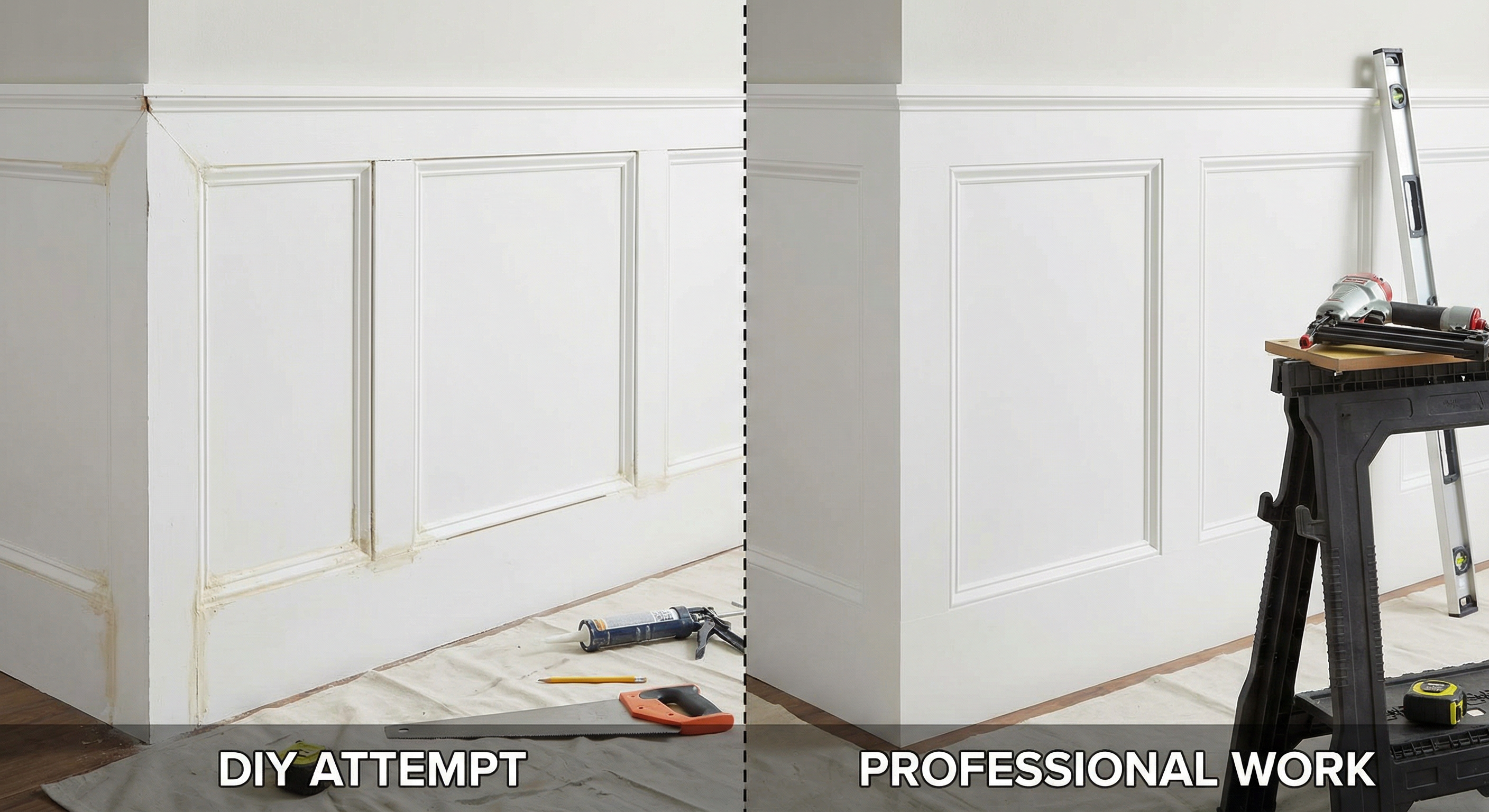 Professional miter cuts for wainscoting — the precision that makes seams invisible and corners sharp