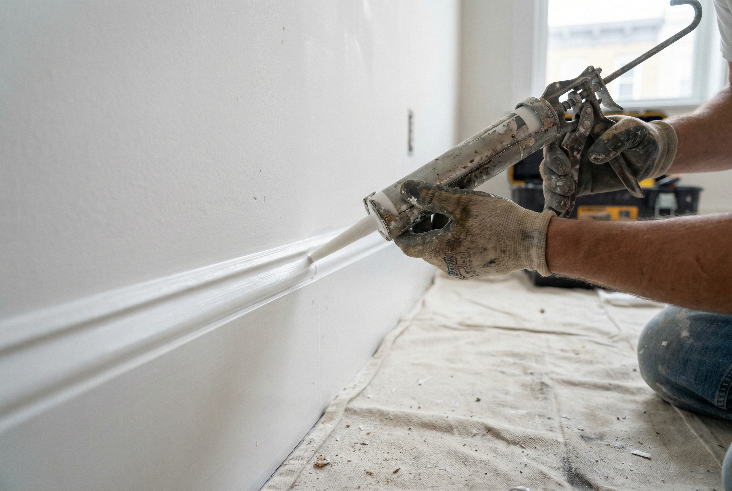 Caulking wainscoting joints for smooth finish during DC wainscoting installation