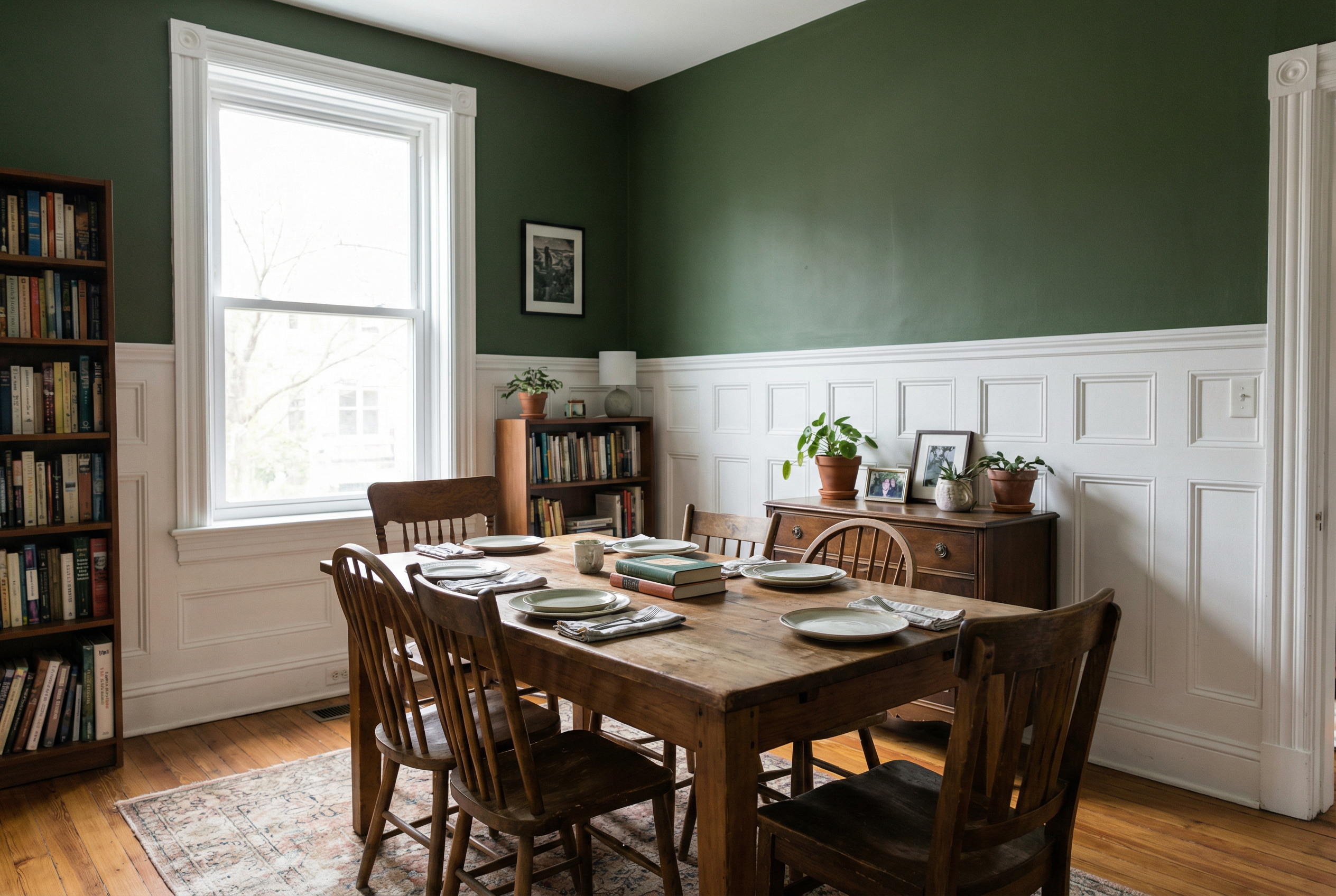 Professional wainscoting finished in Washington DC dining room — deep green with perfectly