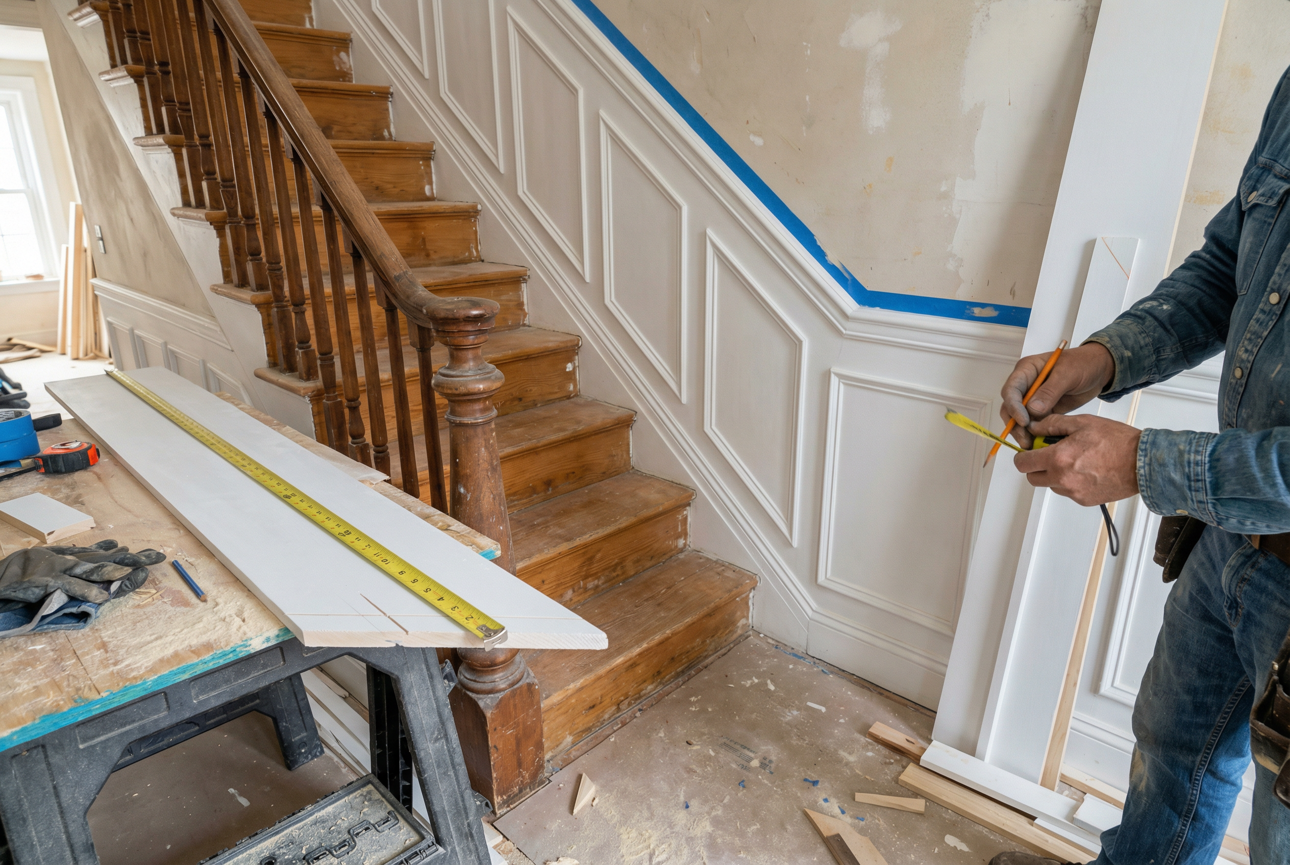 Professional wainscoting stairway installation DC — angled panels and complex joints by HomePro DMV