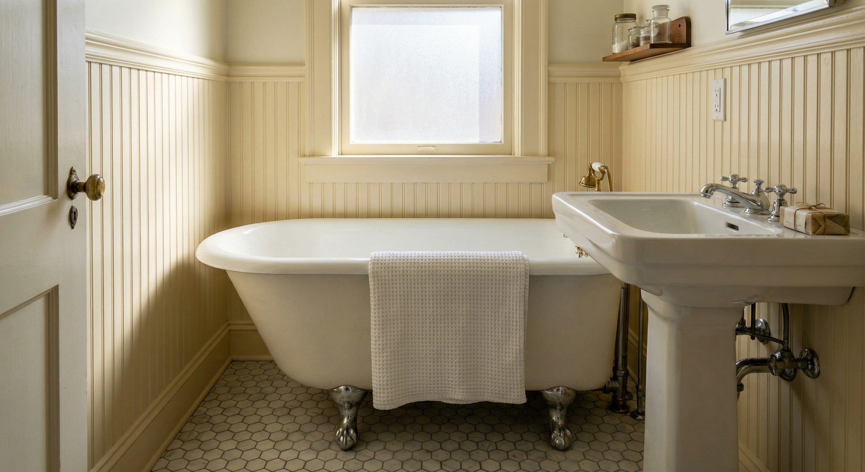 Beadboard wainscoting in a DC bathroom with blue walls and white semi-gloss panels by HomePro DMV Painters Beadboard wainscoting in a DC bathroom with blue walls and white semi-gloss panels by HomePro DMV
