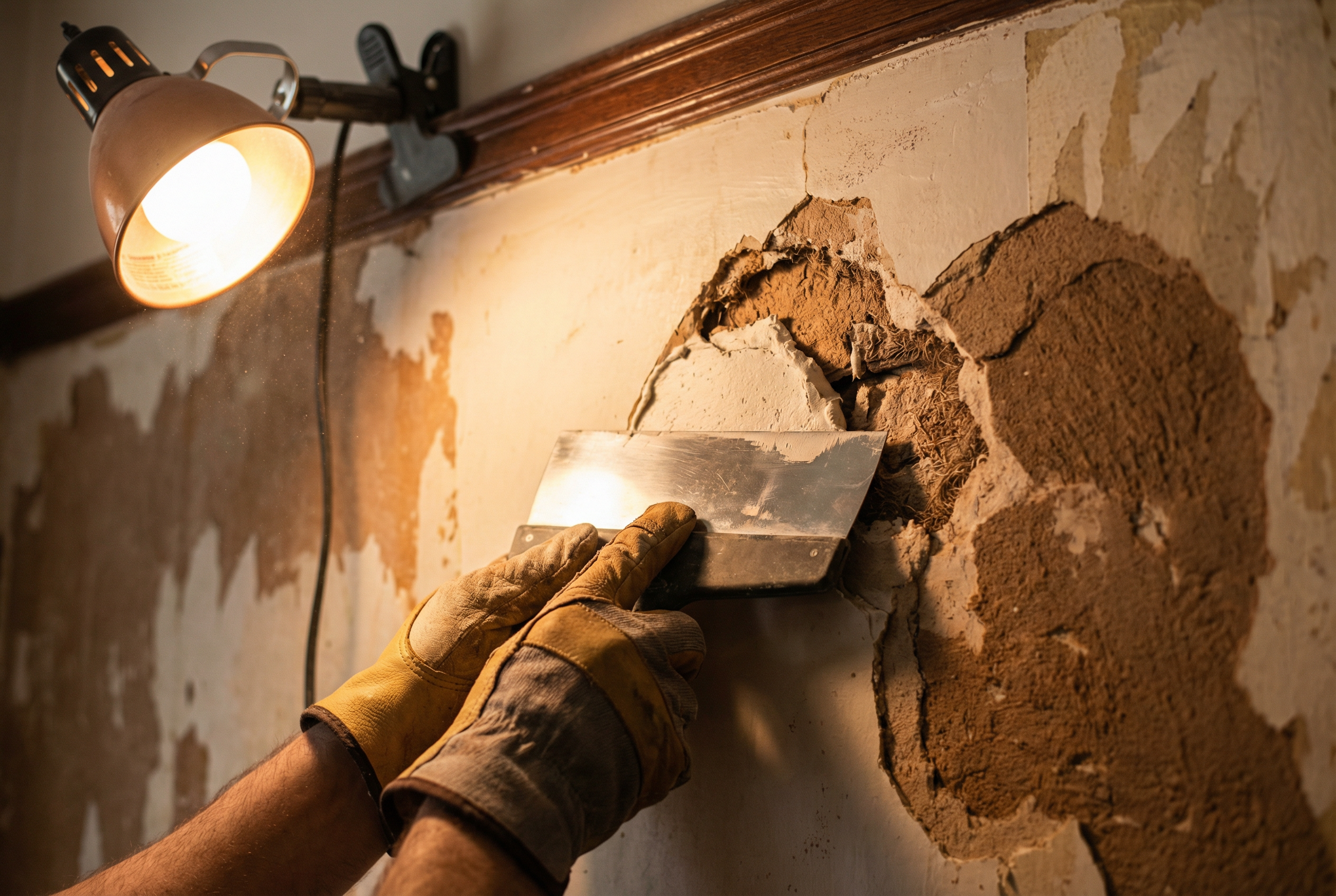 Plaster wall preparation for interior painting — filling cracks and skim coating old plaster in a