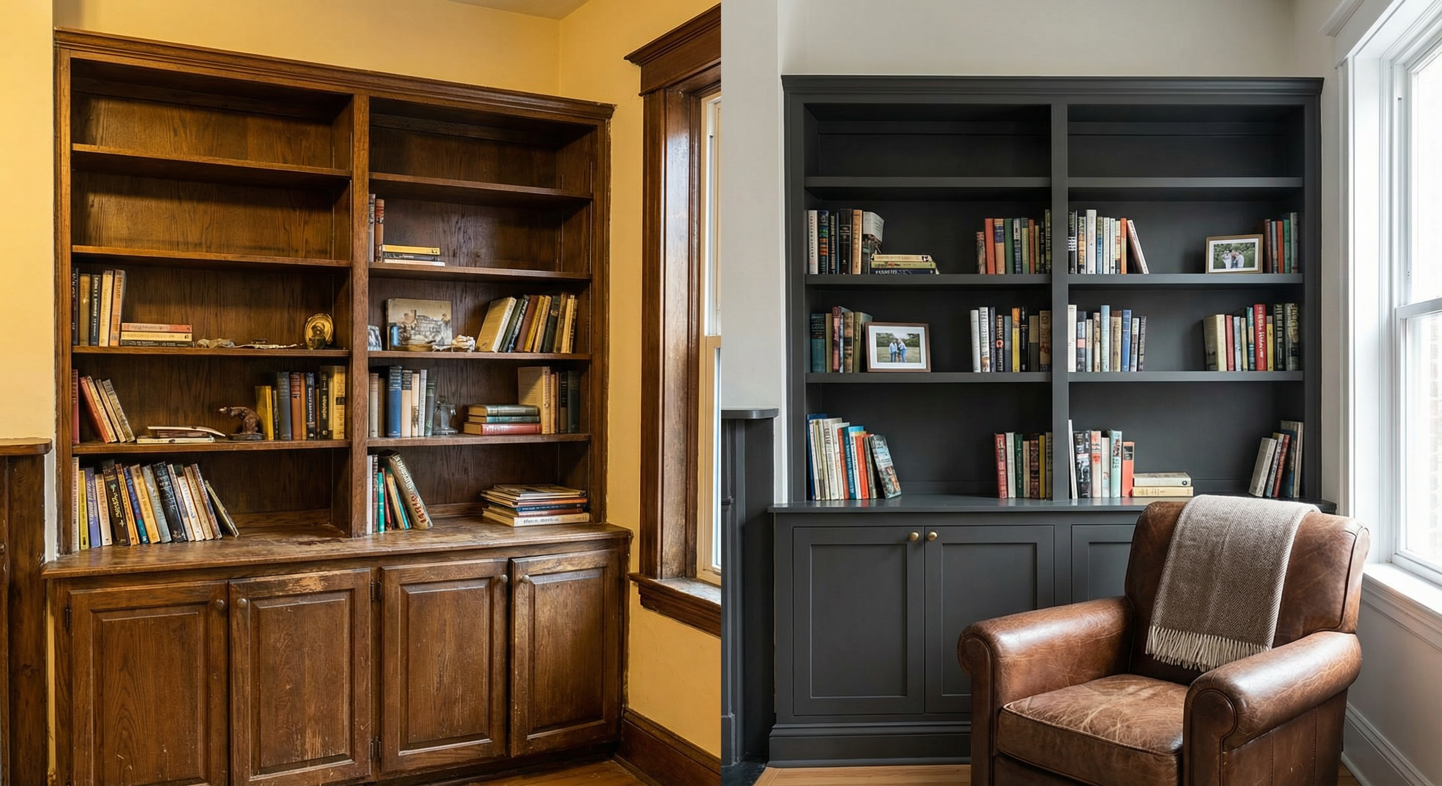 Built-in library bookshelf refinishing before and after in a Washington DC townhome