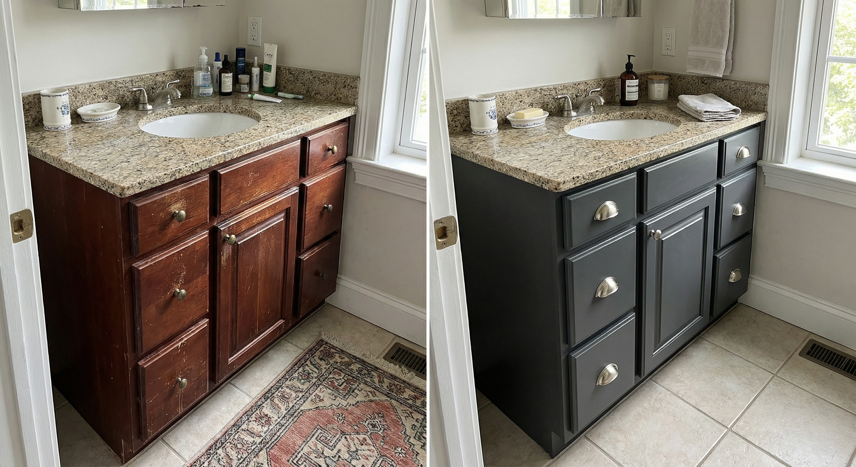 Bathroom vanity cabinet refinishing before and after in Georgetown DC showing cherry to Wrought Iron