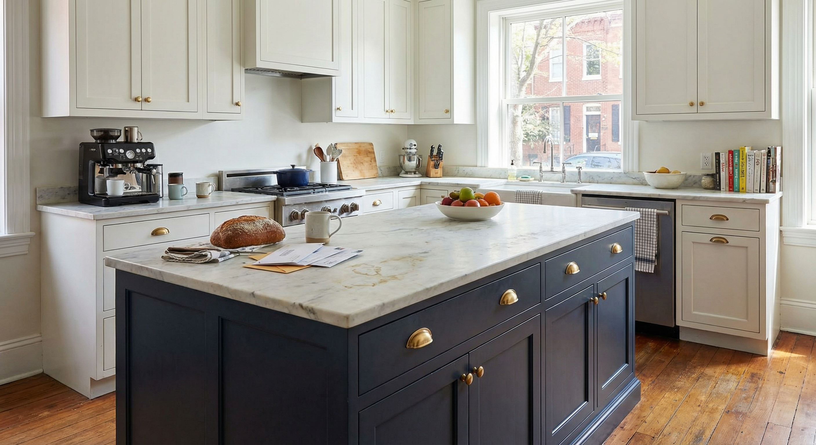 Two-tone kitchen cabinet color inspiration with brass hardware in Washington DC