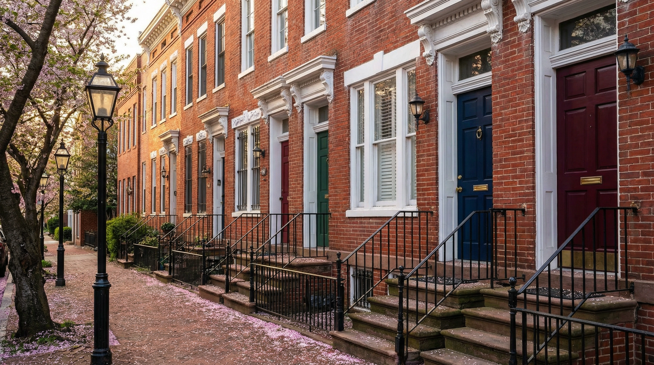 Capitol Hill DC row houses with freshly painted colorful front doors