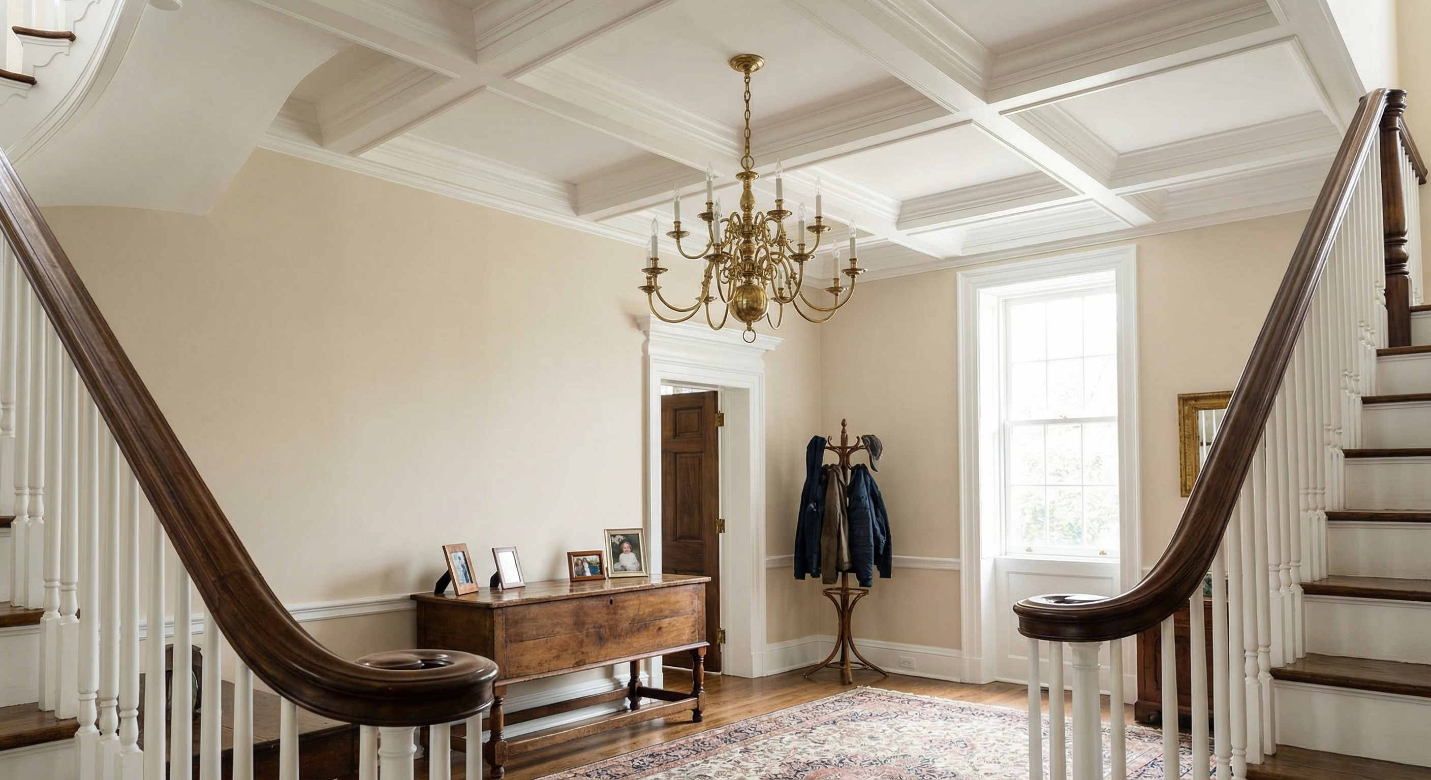 Grand foyer after painting by painters Foxhall DC — refreshed walls, crisp trim, and coffered