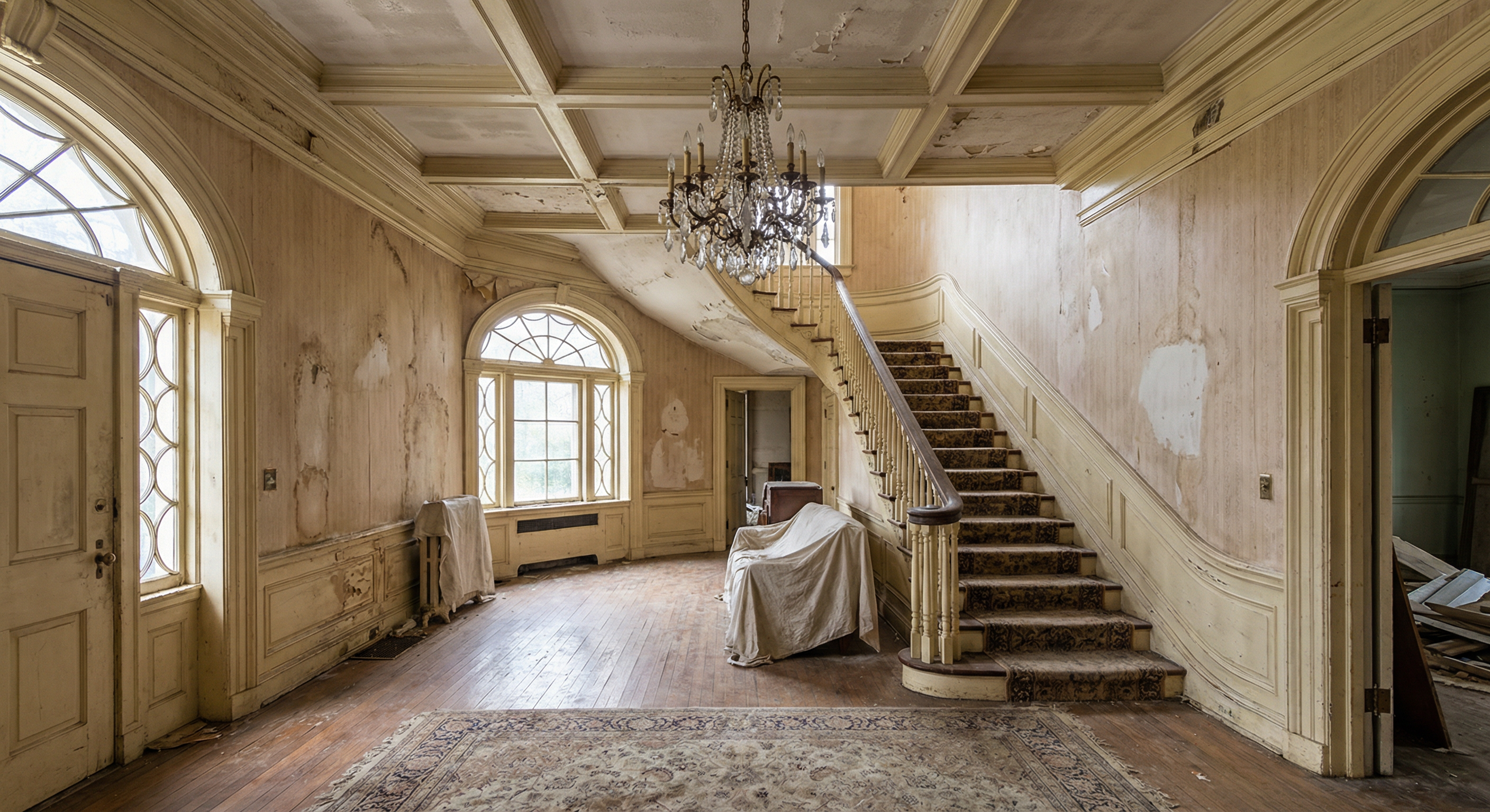 Grand foyer before painting by painters Foxhall DC — faded walls and worn trim in Georgian estate