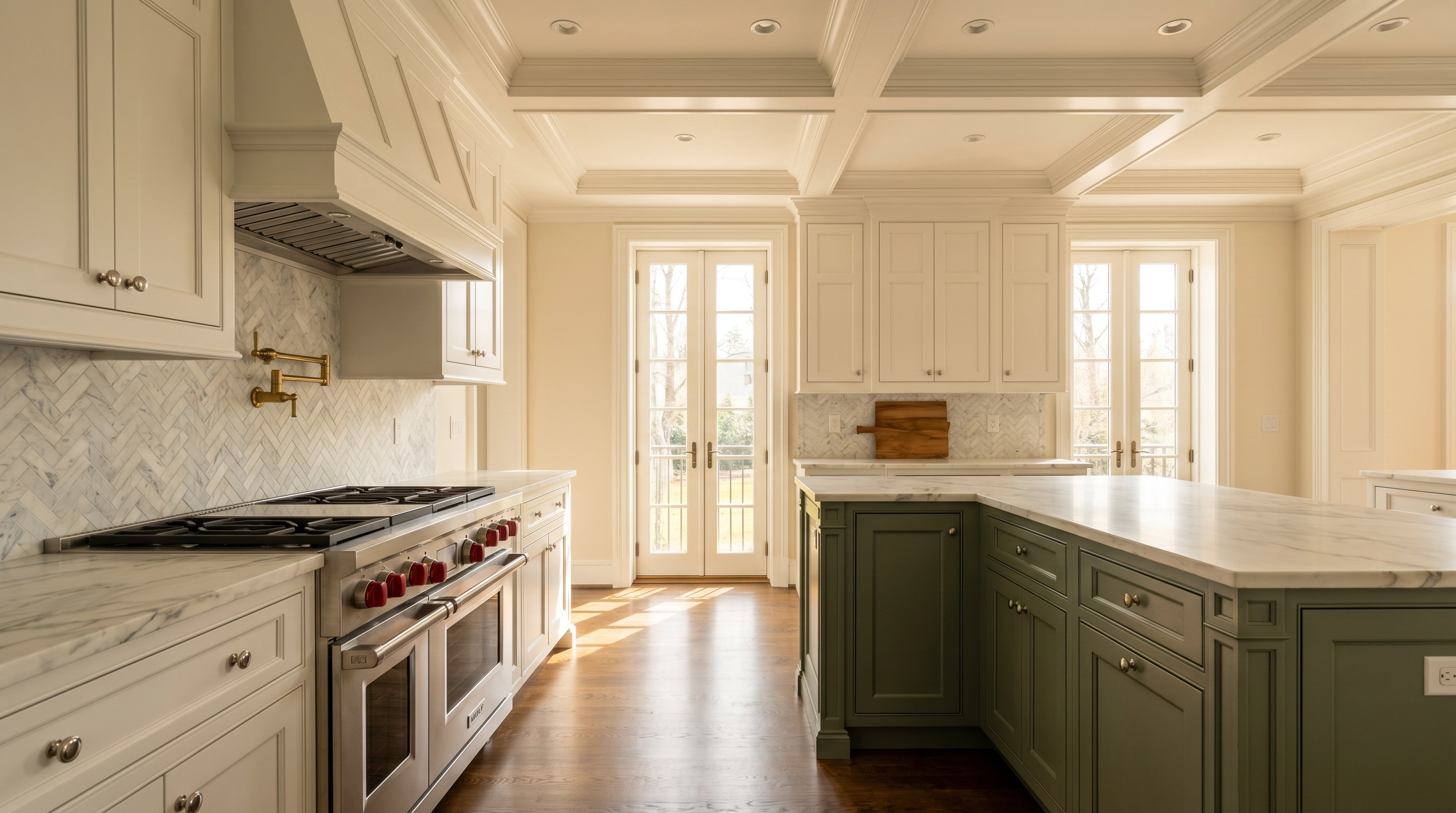 Foxhall DC estate kitchen with white cabinets and sage green island
