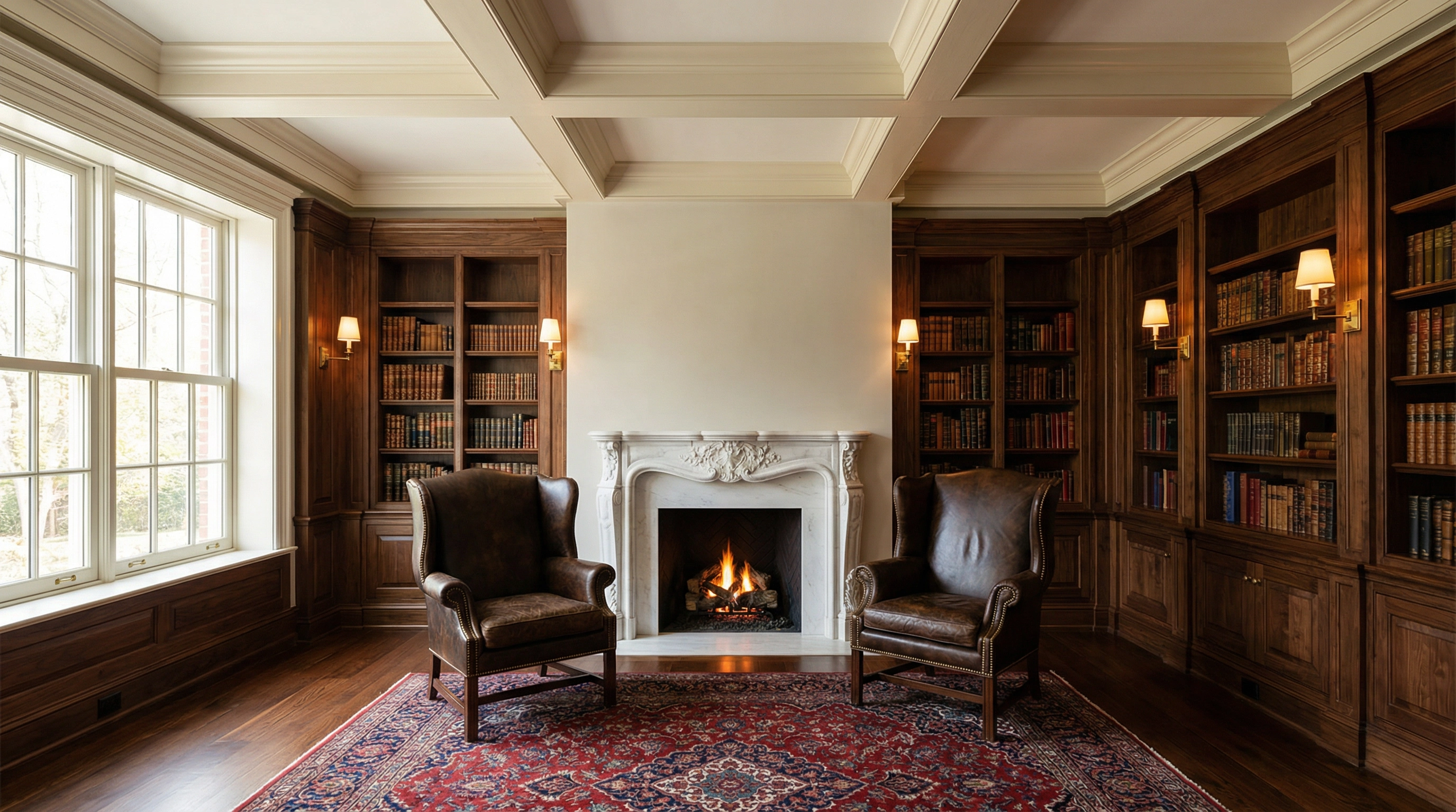 Foxhall DC Georgian estate paneled library with coffered ceiling