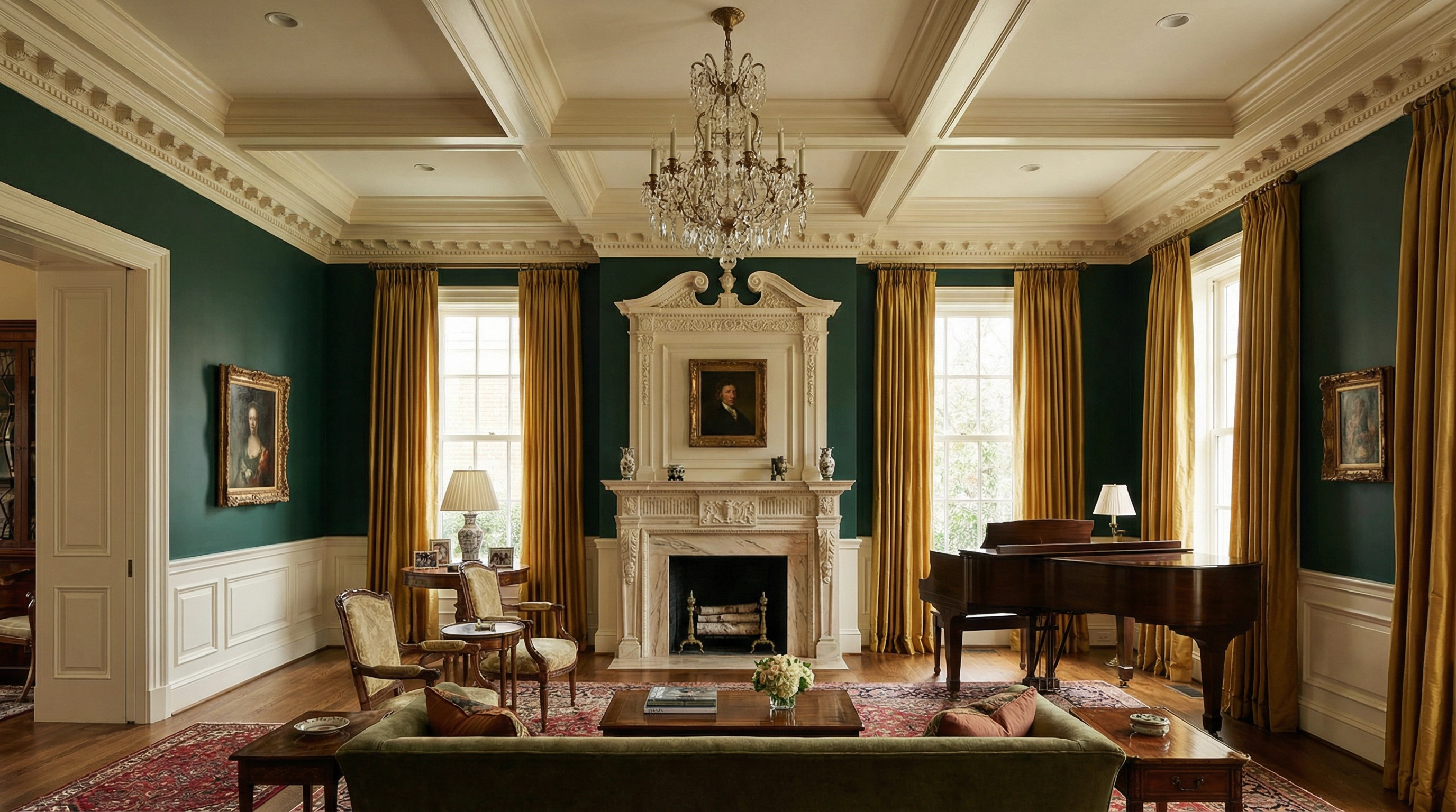 Kalorama DC mansion parlor with green walls and coffered ceiling