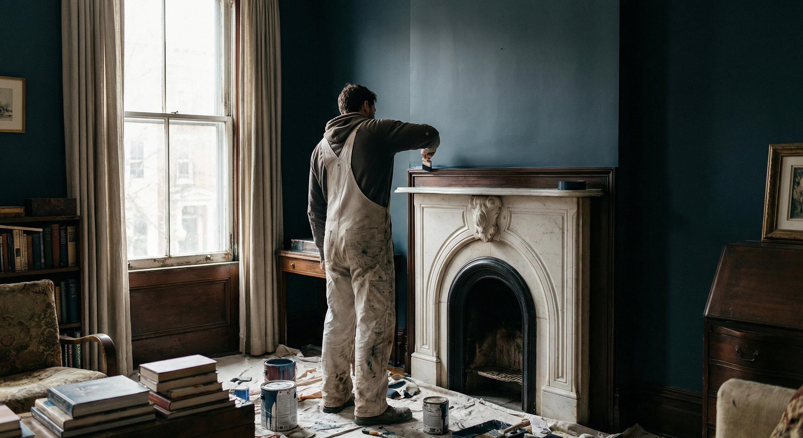 Painters Logan Circle DC working on Victorian row house interior with plaster walls and ornamental