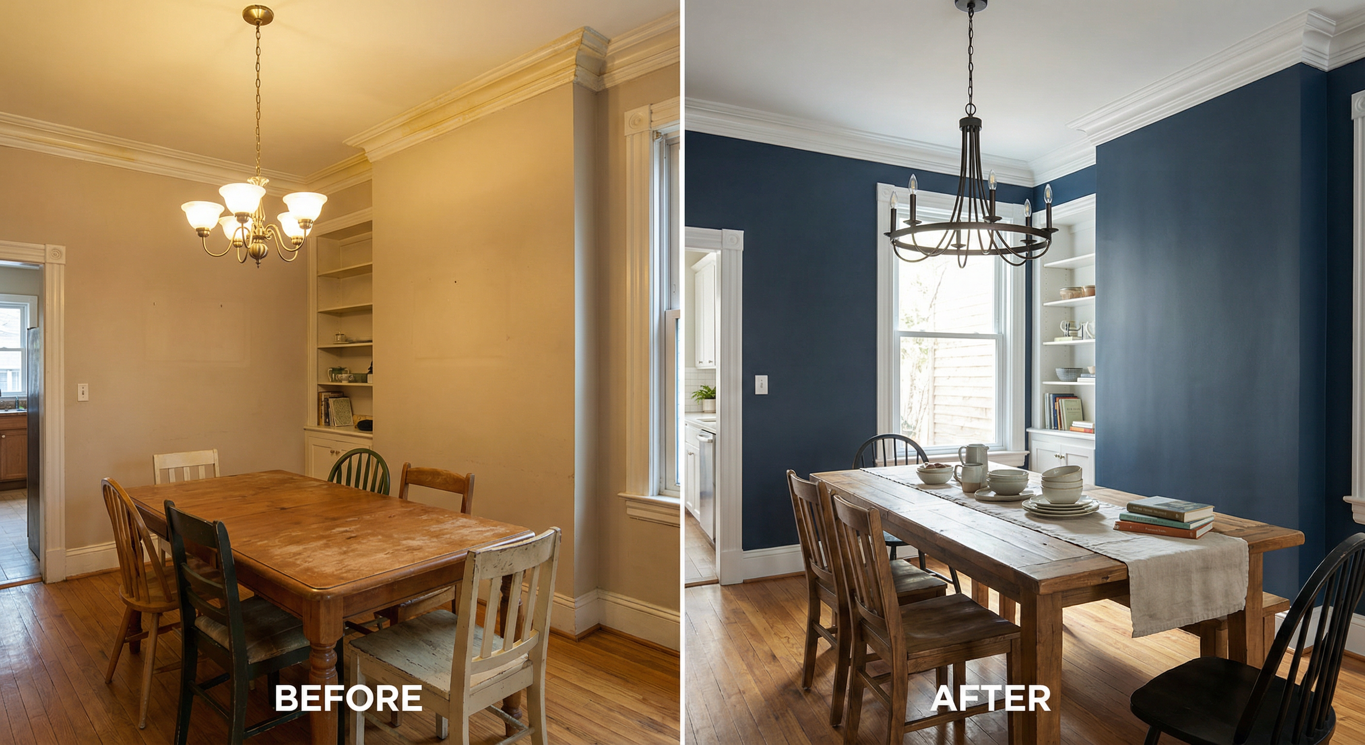 Before and after interior painting of a Georgetown DC row house dining room with crown molding by