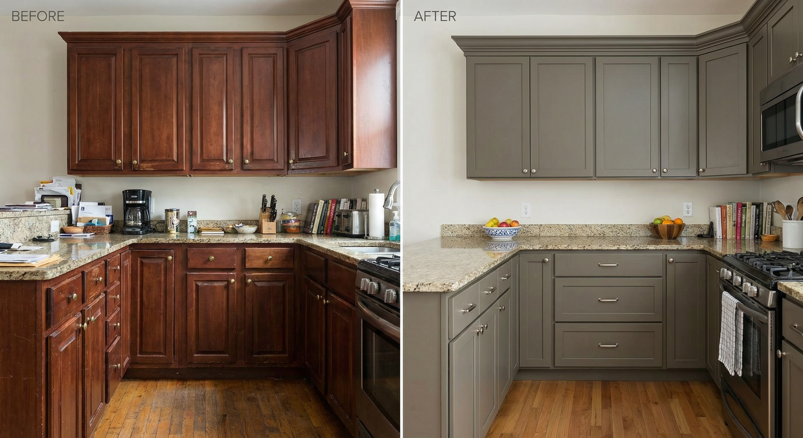 Before and after kitchen cabinet painting in a Georgetown DC home by HomePro DMV Painters