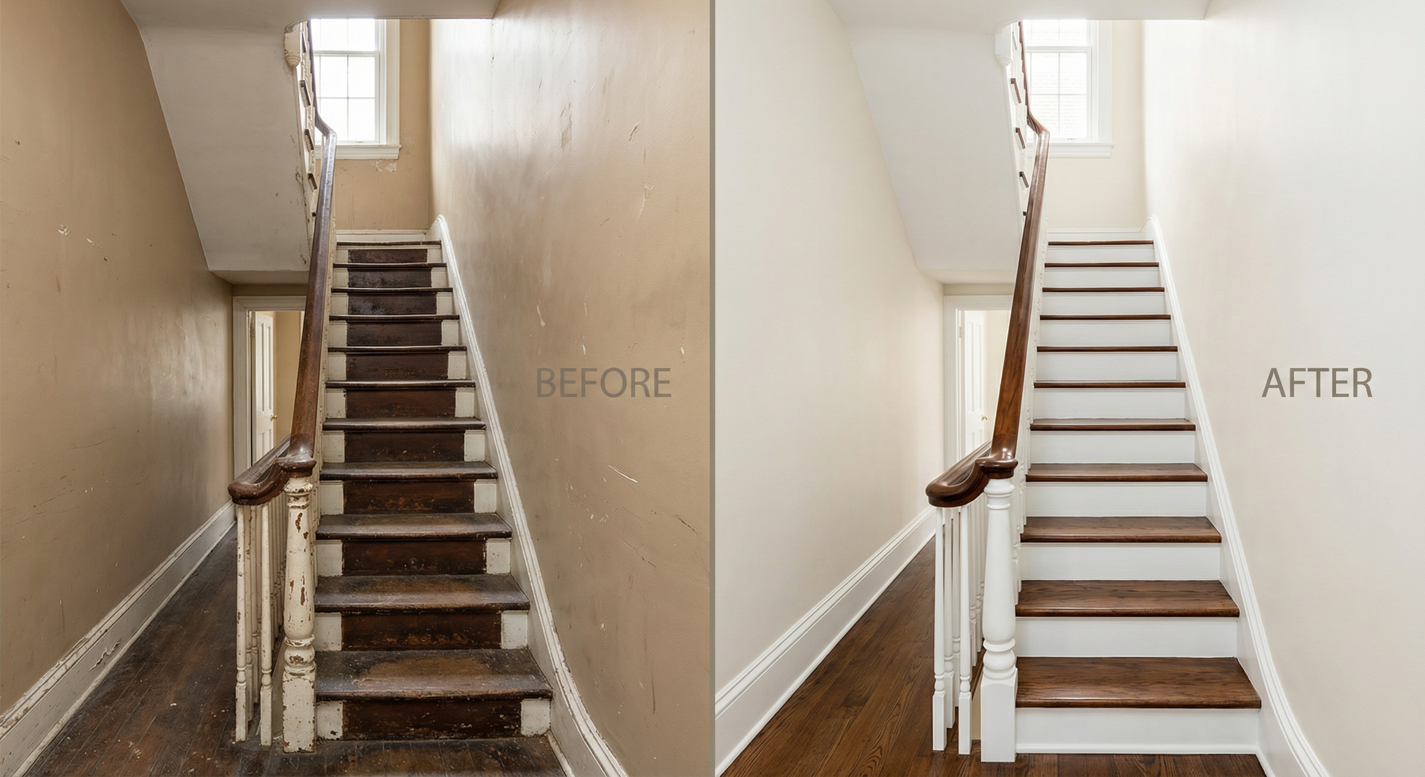 Before and after hallway and staircase painting in a Georgetown DC Federal row house by HomePro DMV