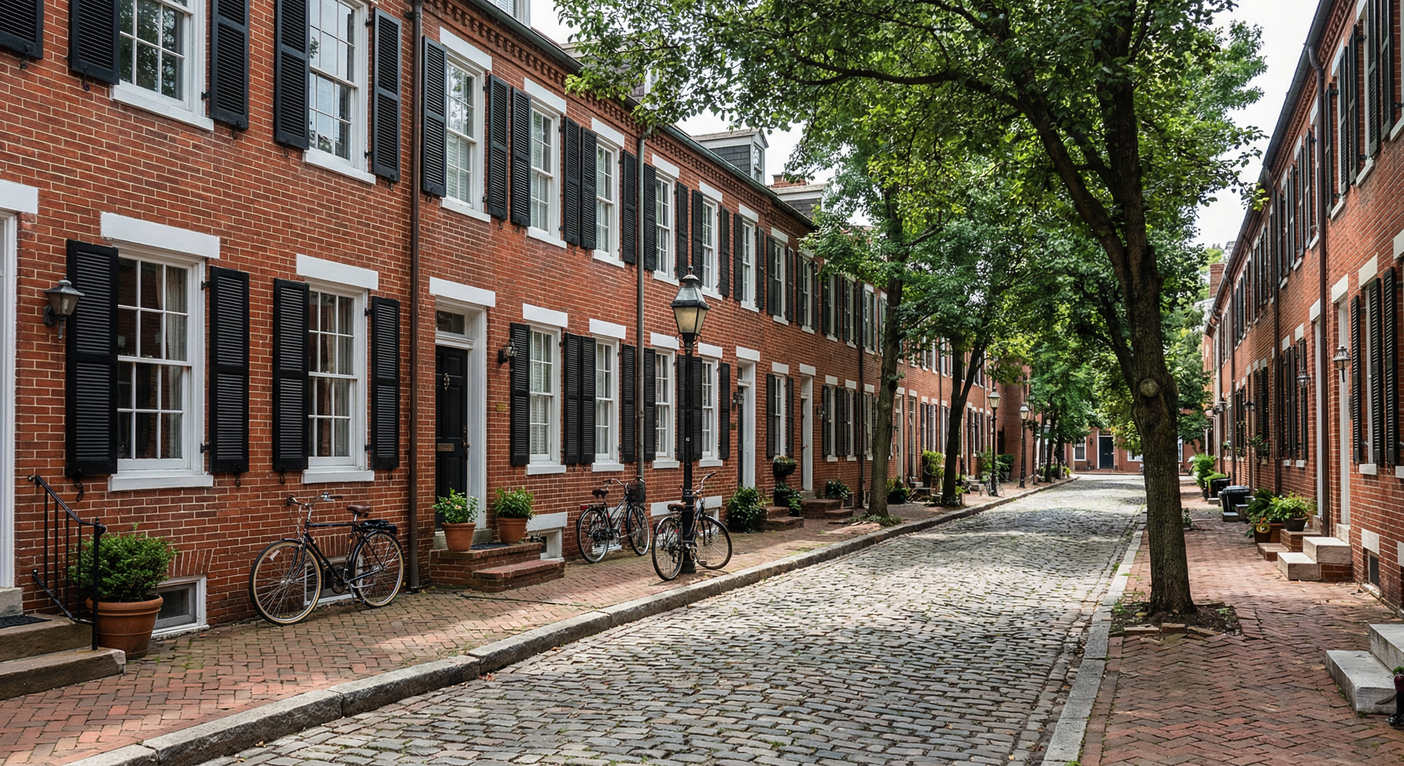 Historic Georgetown DC cobblestone street lined with Federal brick row houses featuring freshly