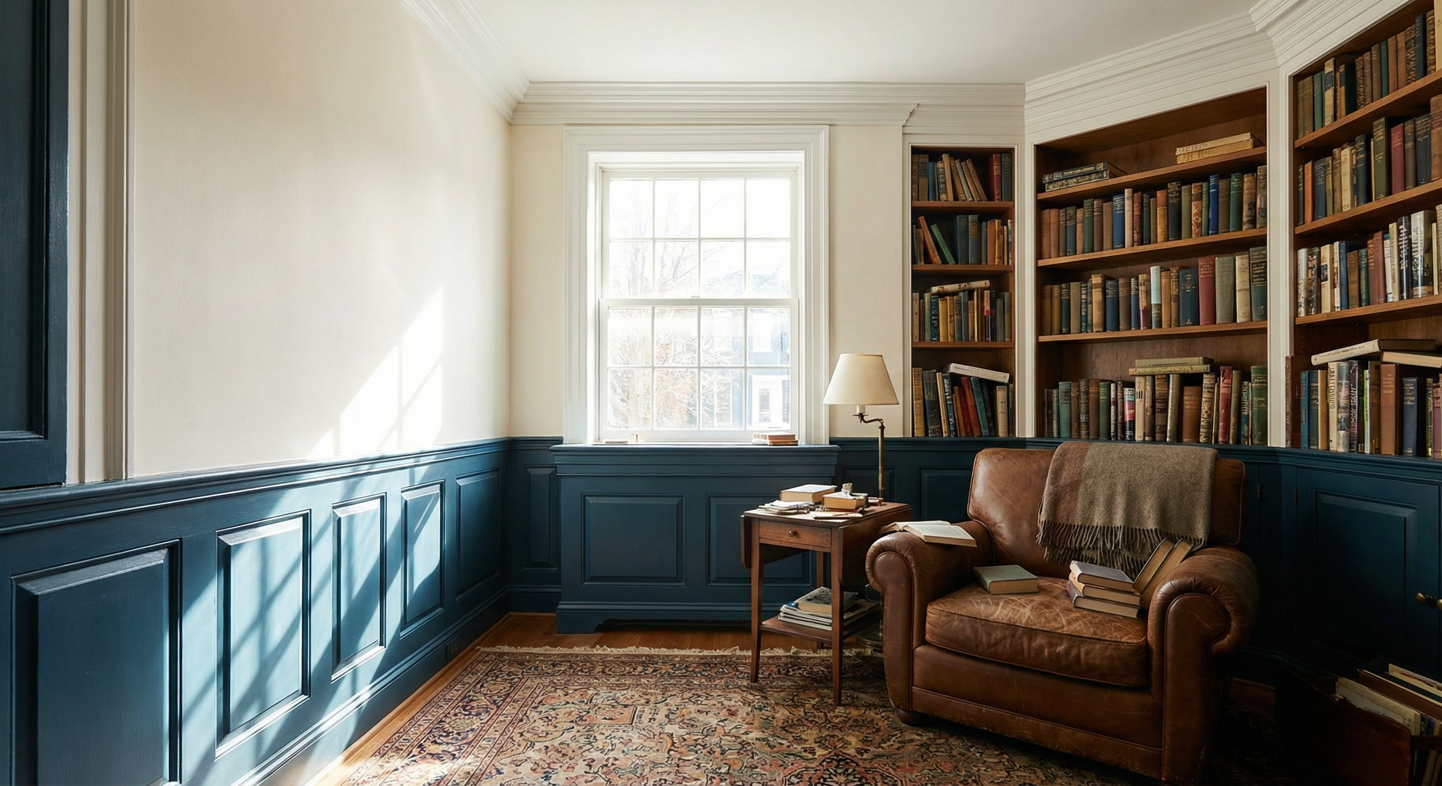 Georgetown DC Federal row house library with Hague Blue walls and white wainscoting
