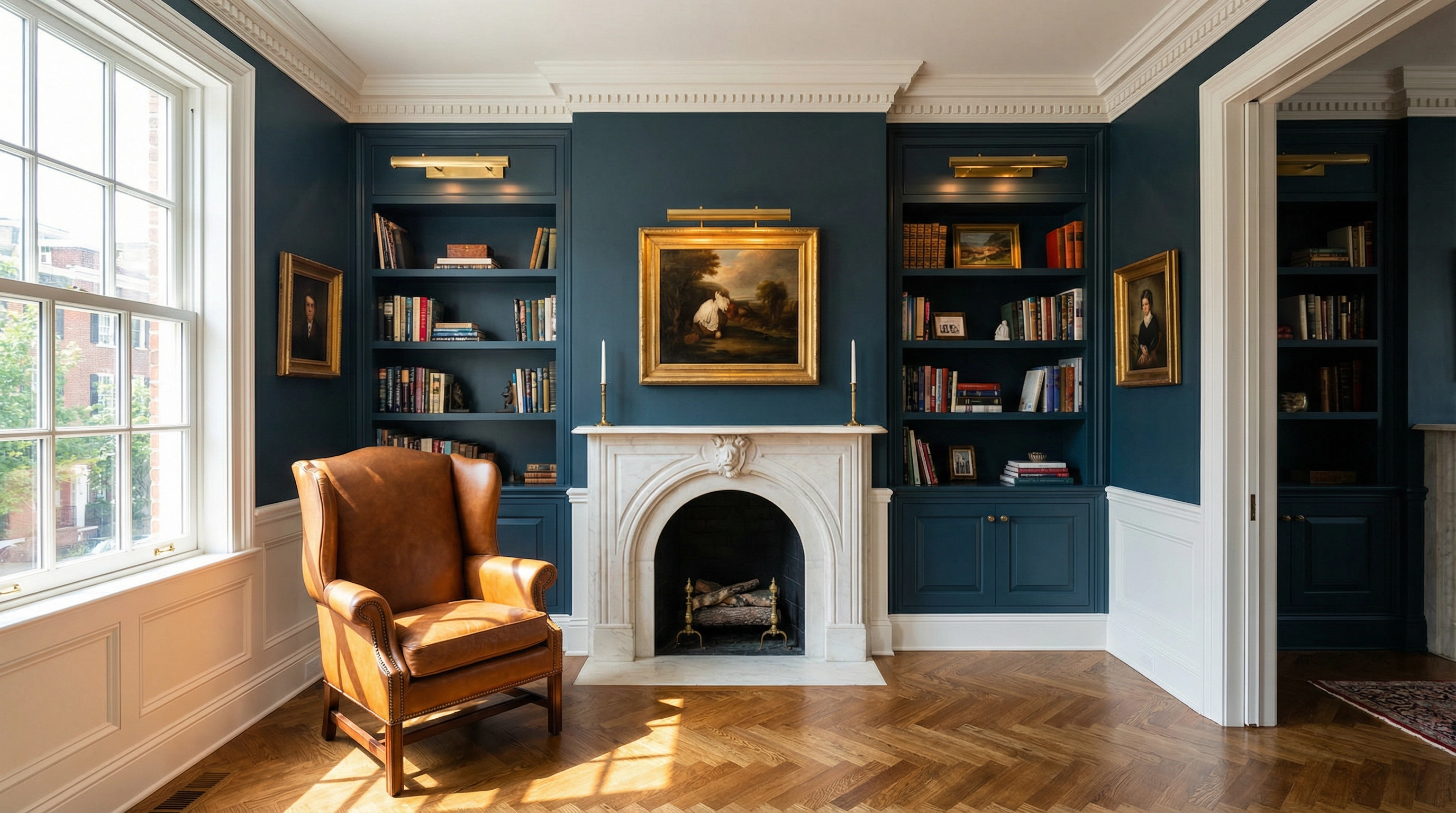 Luxurious Kalorama DC mansion living room with coffered ceilings ornate crown molding and premium