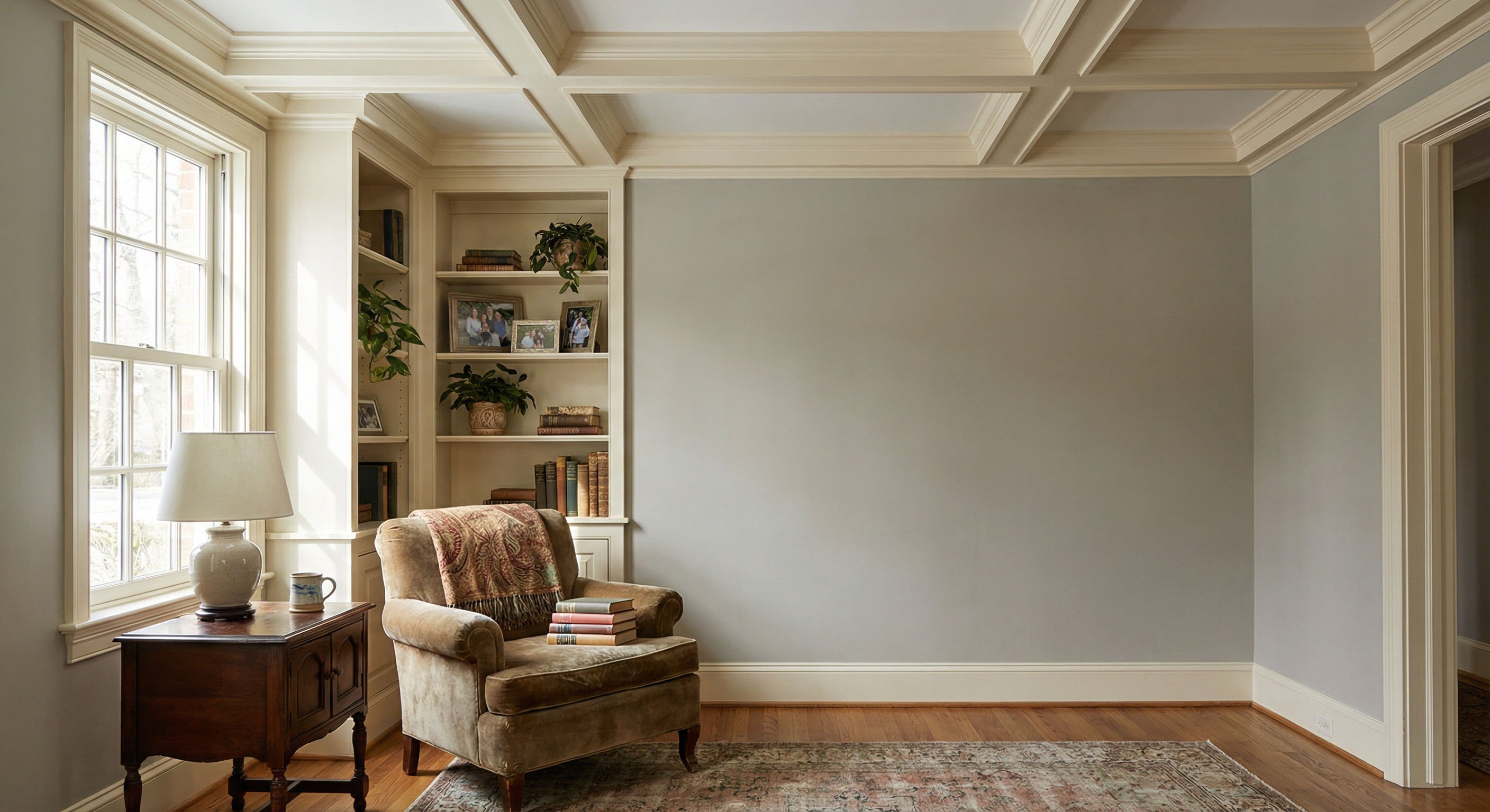 Painters McLean VA — luxury estate formal living room with coffered ceiling and custom millwork by
