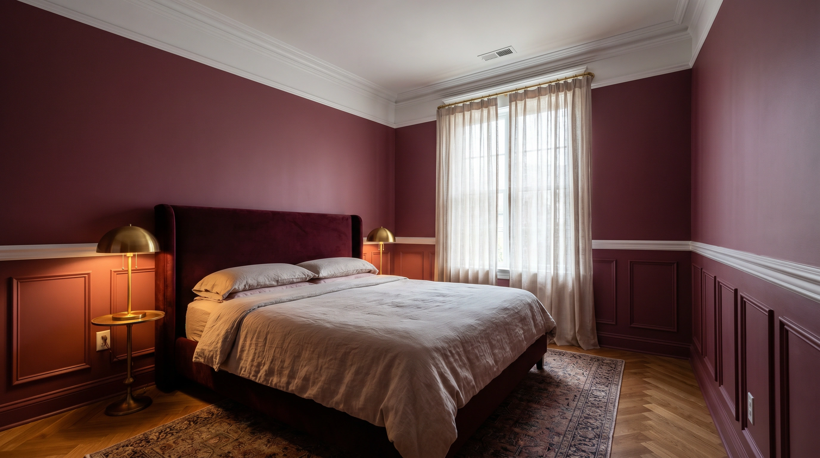 Color-drenched bedroom with Farrow and Ball Sulking Room Pink wainscoting