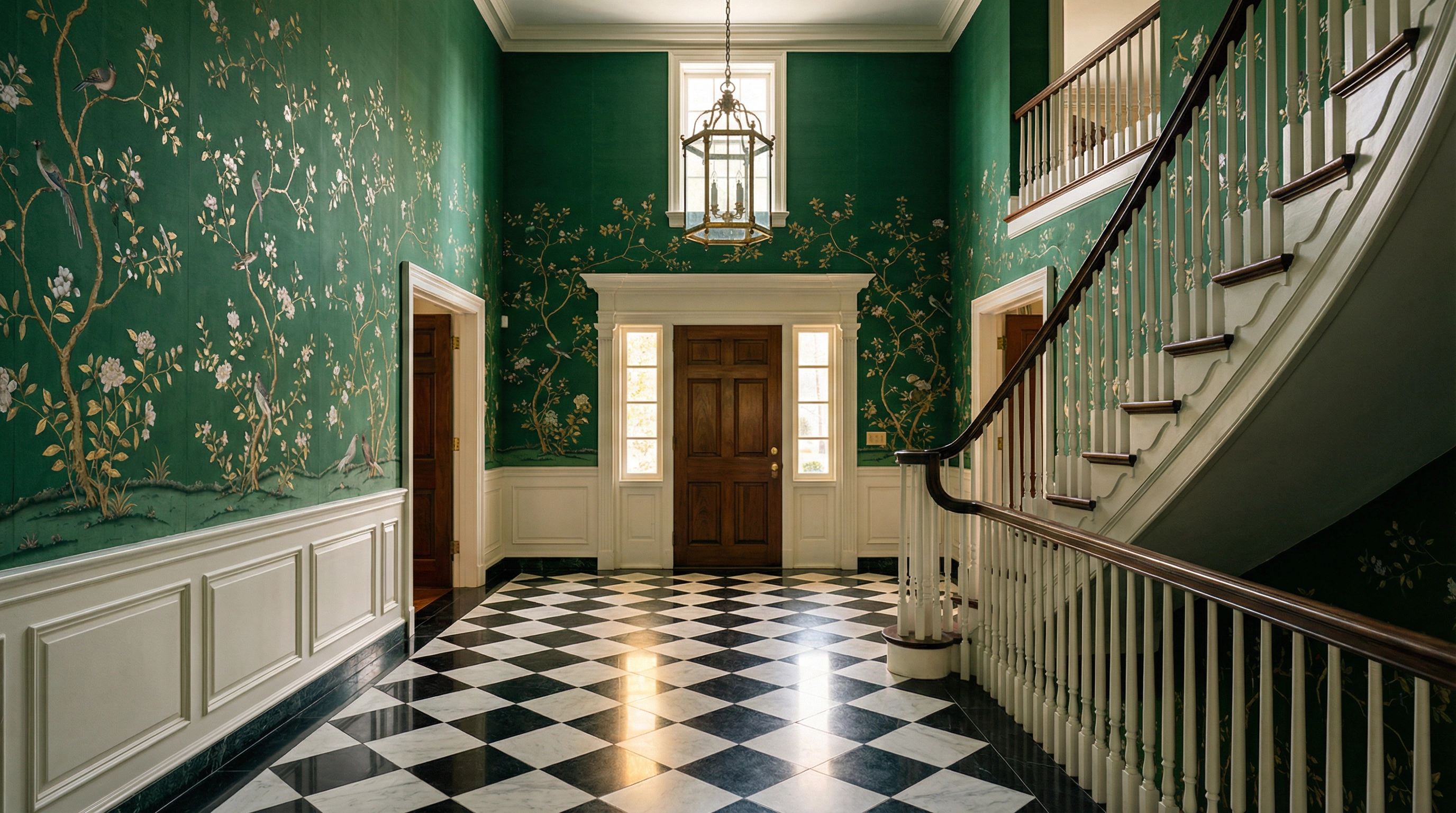 Chinoiserie wallpaper installation in a Washington DC foyer by HomePro DMV Painters