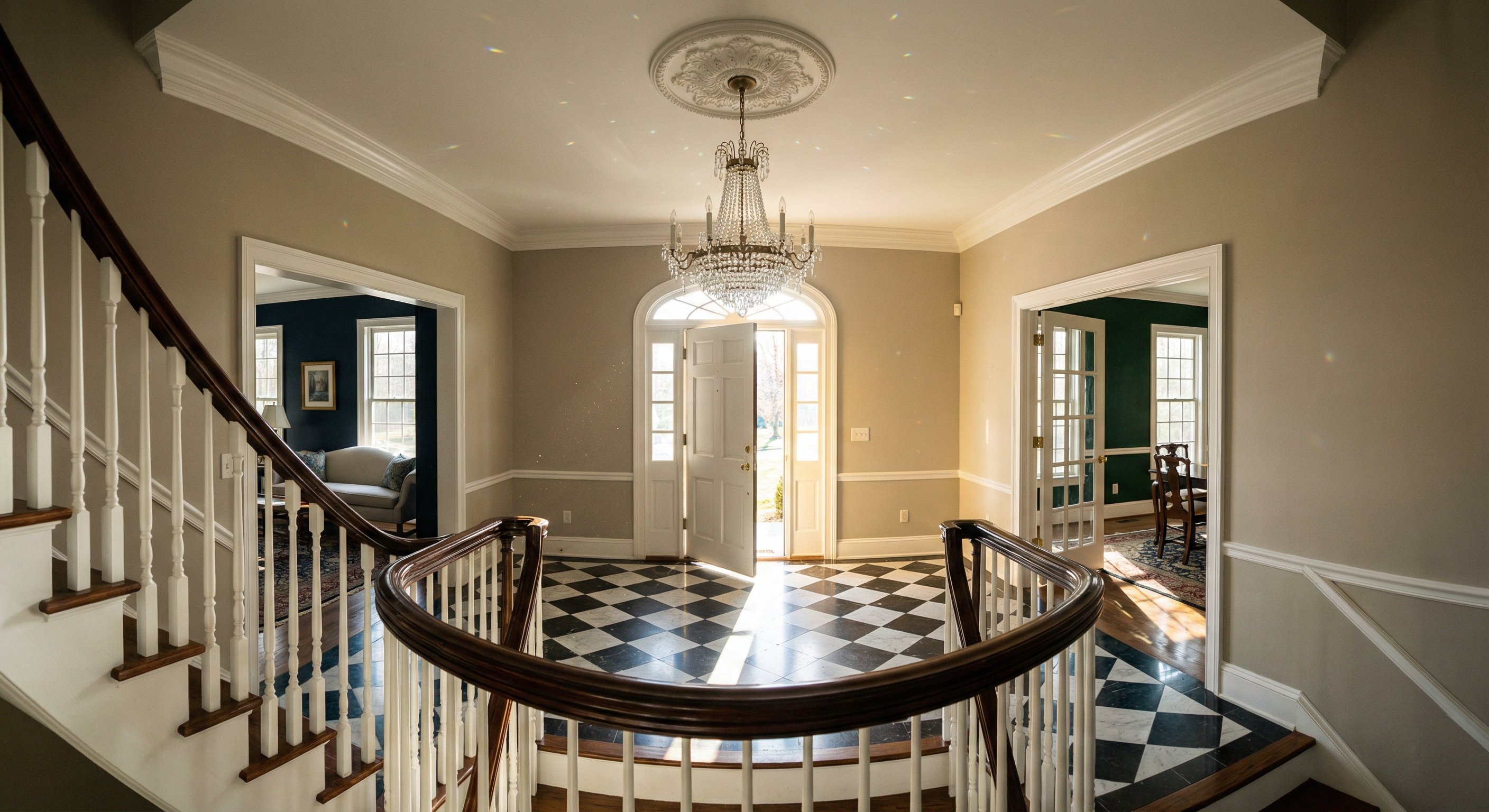Colonial Revival estate interior with formal rooms and built-in bookcases in Spring Valley DC